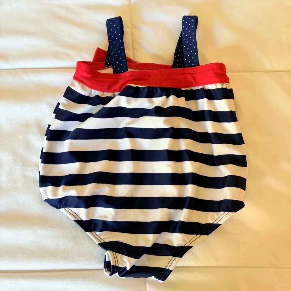 Cat & Jack Girls Navy and White Striped Red Bow One-Piece Swimsuit